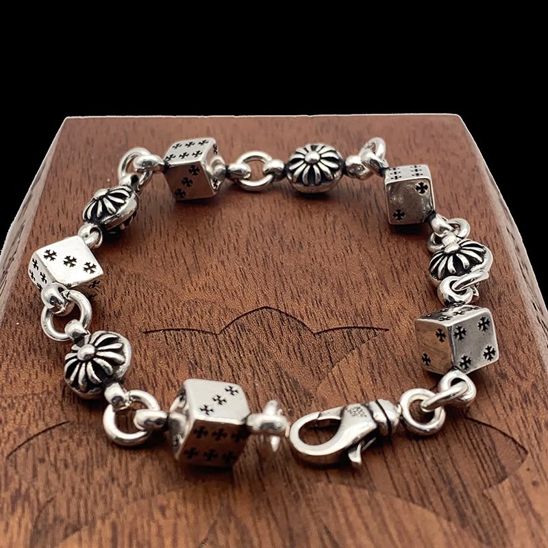 Chrome Hearts Sterling Silver Dice and Flower Bead Bracelet